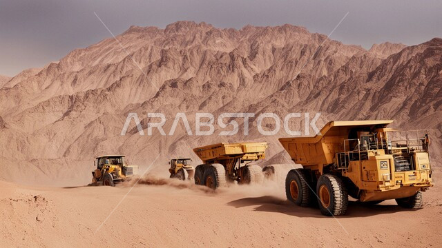 مناطق التنقيب عن الثروات الباطنية, مفهوم الهندسة والإنشاءات والتطوير، الطبيعة الرملية و الصخرية في صحاري المملكة العربية السعودية, آلات ومعدات ثقيلة، مجموعة من الجرافات تعمل على رفع وتعبئة الرمال والحصى في النهار