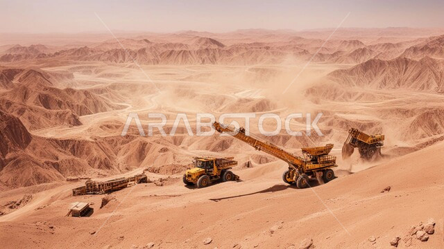 مناطق التنقيب عن الثروات الباطنية, مفهوم الهندسة والإنشاءات والتطوير، الطبيعة الرملية و الصخرية في صحاري المملكة العربية السعودية, آلات ومعدات ثقيلة، مجموعة من الجرافات تعمل على رفع وتعبئة الرمال والحصى في النهار