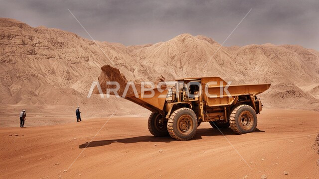 التخلص من الأتربة والصخور ونقلها بعيدا, أماكن مناجم الفحم الطبيعي، مناطق التنقيب عن الثروات الباطنية، الطبيعة الصخرية وتضاريس السلاسل الجبلية، المرتفعات وقمم الجبال في المملكة العربية السعودية، سيارة شحن كبيرة تقوم بالعمل في موقع التعدين