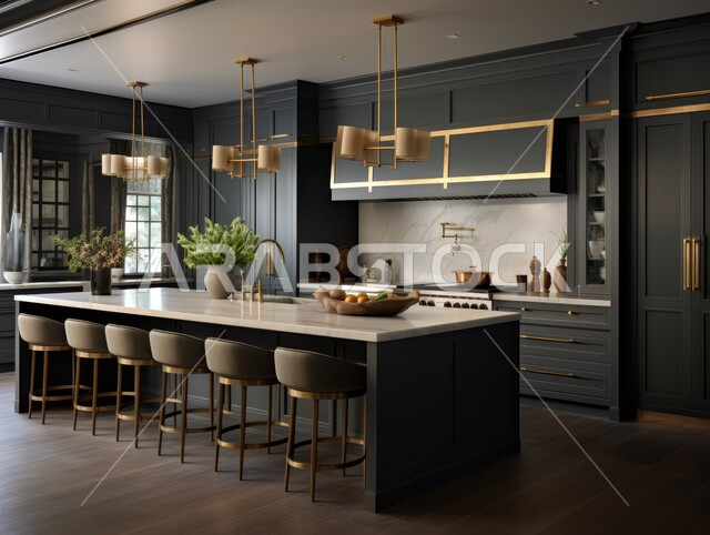 تصميم داخلي لمطبخ على الطراز الحديث باللون الأسود ,الديكورات العصرية للمطابخ الفاخرة في المملكة العربية السعودية، الأضواء المعلقة وتناسق الألوان, أثاث منزلي راقي، شقق وفلل سكنية مميزة 