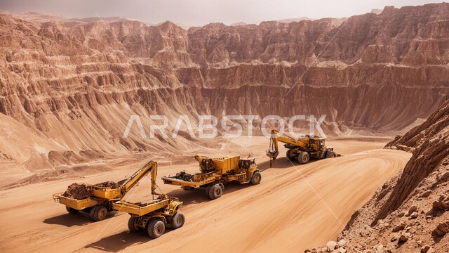 المعدات الضخمة تقوم بالعمل في موقع التعدين، التخلص من الأتربة والصخور, مناطق التنقيب عن الثروات الباطنية، الطبيعة الصخرية وتضاريس السلاسل الجبلية، المرتفعات وقمم الجبال في المملكة العربية السعودية