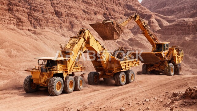  المرتفعات وقمم الجبال في المملكة العربية السعودية, المعدات الضخمة تقوم بالعمل في موقع التعدين، التخلص من الأتربة والصخور, مناطق التنقيب عن الثروات الباطنية، الطبيعة الصخرية وتضاريس السلاسل الجبلية