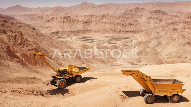 المعدات الضخمة تقوم بالعمل في موقع التعدين، التخلص من الأتربة والصخور, مناطق التنقيب عن الثروات الباطنية، الطبيعة الصخرية وتضاريس السلاسل الجبلية، المرتفعات وقمم الجبال في المملكة العربية السعودية