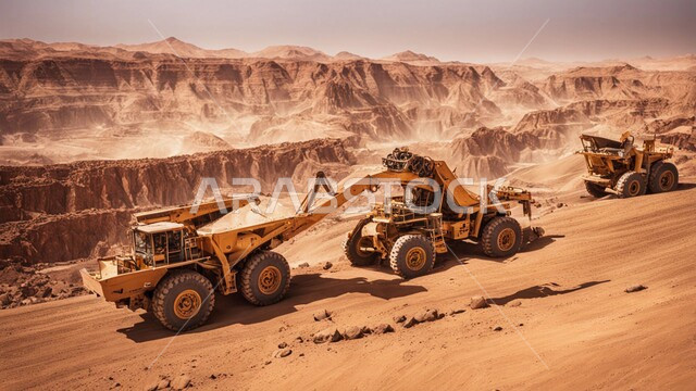 التخلص من الأتربة والصخور ونقلها بعيدا, أماكن مناجم الفحم الطبيعي، مناطق التنقيب عن الثروات الباطنية، الطبيعة الصخرية وتضاريس السلاسل الجبلية، المرتفعات وقمم الجبال في المملكة العربية السعودية، سيارة شحن كبيرة تقوم بالعمل في موقع التعدين