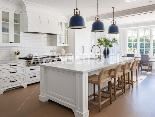 الديكورات العصرية للمطابخ الفاخرة في المملكة العربية السعودية ،تصميم داخلي لمطبخ على الطراز الحديث باللون الأبيض ,الأضواء المعلقة وتناسق الألوان , أثاث منزلي راقي ،شقق وفلل سكنية مميزة  ،طاولة مطبخية خشبية محاطة بكراسي