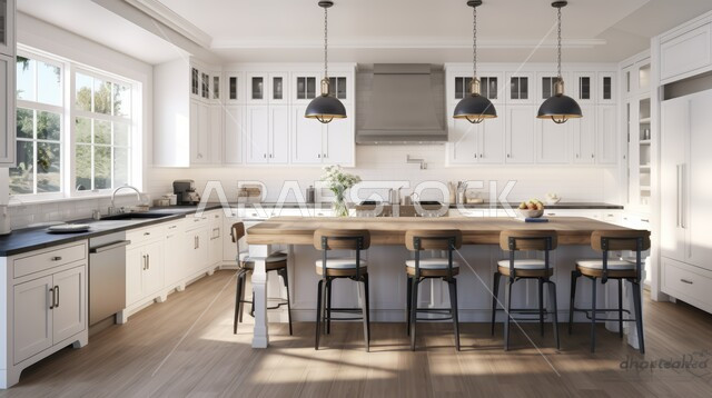 الديكورات العصرية للمطابخ الفاخرة في المملكة العربية السعودية ،تصميم داخلي لمطبخ على الطراز الحديث باللون الأبيض ,الأضواء المعلقة وتناسق الألوان , أثاث منزلي راقي ،شقق وفلل سكنية مميزة  ،طاولة مطبخية خشبية محاطة بكراسي