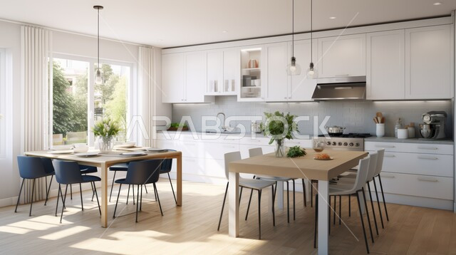 الديكورات العصرية للمطابخ الفاخرة في المملكة العربية السعودية ،تصميم داخلي لمطبخ على الطراز الحديث باللون الأبيض ,الأضواء المعلقة وتناسق الألوان , أثاث منزلي راقي ،شقق وفلل سكنية مميزة  ،طاولة مطبخية خشبية محاطة بكراسي