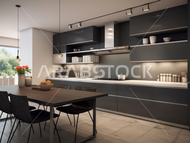 تصميم داخلي لمطبخ على الطراز الحديث باللونين الأسود والأبيض ,الأضواء المعلقة وتناسق الألوان ,الديكورات العصرية للمطابخ الفاخرة في المملكة العربية السعودية ، أثاث منزلي راقي ،شقق وفلل سكنية مميزة 