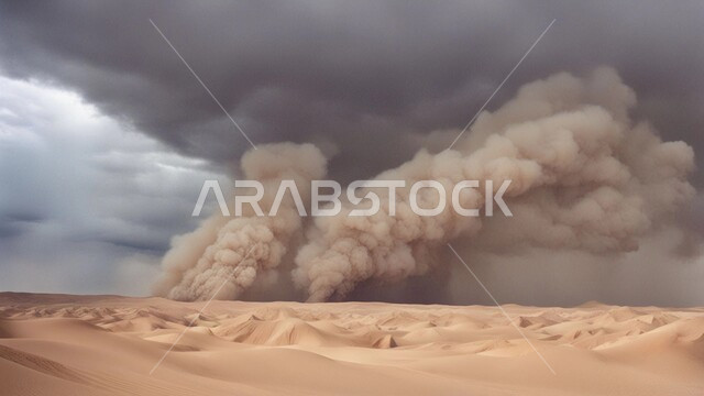 التشكيلات والتكوينات الرملية في المملكة العربية السعودية, منظر السماء الممتلئة بالغيوم الداكنة، الزوابع الغبارية القوية, أجواء وطقوس قاسية, غبار العاصفة الرملية في الصحراء, رياح ترابية في المناطق الصحراوية, الكثبان والرمال الذهبية الناعمة