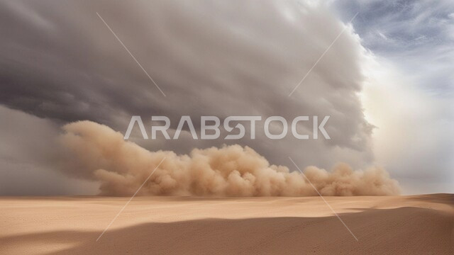 التشكيلات والتكوينات الرملية في المملكة العربية السعودية, منظر السماء الممتلئة بالغيوم الداكنة، الزوابع الغبارية القوية, أجواء وطقوس قاسية, غبار العاصفة الرملية في الصحراء, رياح ترابية في المناطق الصحراوية, الكثبان والرمال الذهبية الناعمة