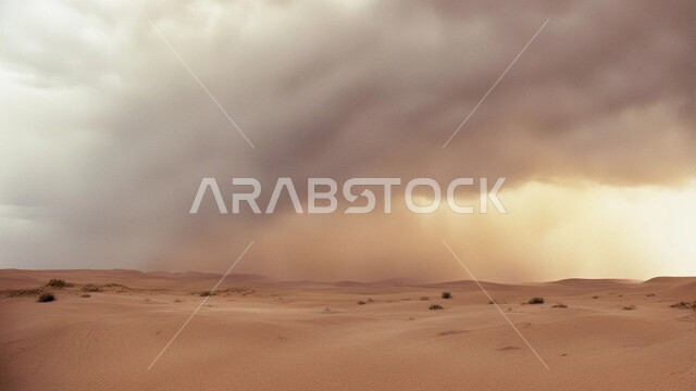 الزوابع الغبارية القوية، العاصفة الرملية في الصحراء, رياح ترابية في المناطق الصحراوية, الكثبان والرمال الذهبية الناعمة، التشكيلات والتكوينات الرملية في المملكة العربية السعودية, منظر السماء الممتلئة بالغيوم الداكنة