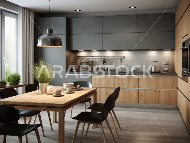 تصميم داخلي لمطبخ على الطراز الحديث, الديكورات العصرية للمطابخ الفاخرة في المملكة العربية السعودية، الأضواء المعلقة وتناسق الألوان, أثاث منزلي راقي، شقق وفلل سكنية مميزة