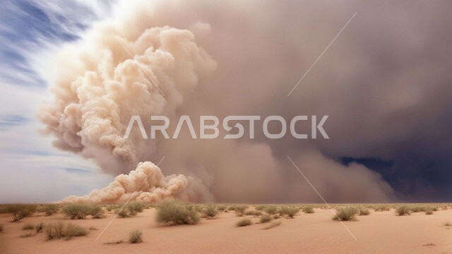 الزوابع الغبارية القوية، العاصفة الرملية في الصحراء, رياح ترابية في المناطق الصحراوية, الكثبان والرمال الذهبية الناعمة، التشكيلات والتكوينات الرملية في المملكة العربية السعودية, منظر السماء الممتلئة بالغيوم الداكنة