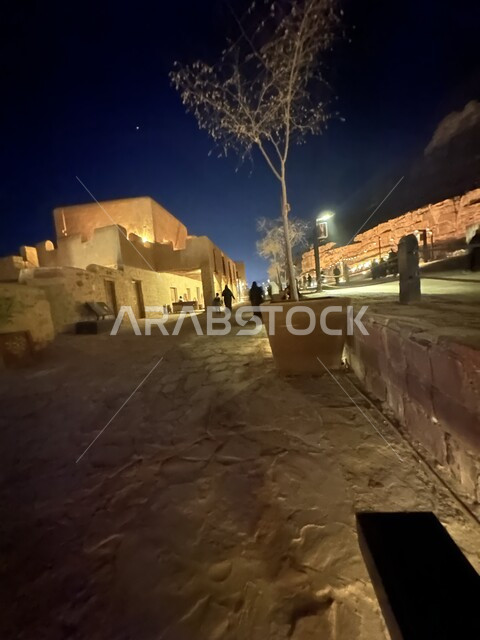 Authentic Arab civilization and antiquity, famous historical tourist places and landmarks at night, roads and streets in the old town in Al-Ula Governorate in the Kingdom of Saudi Arabia, tourist attractions from all over the world