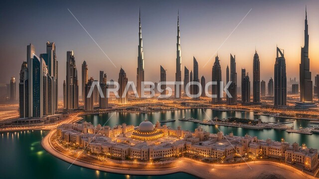 الواجهة البحرية في مرسى اليخوت، بناء مستقبل حضاري متطور في مدينة دبي، المباني والمنشآت التجارية الحديثة المضيئة ليلا، منظر تخيلي للتقدم والنمو العمراني، التصاميم والفنون المعمارية للأبراج وناطحات السحاب في الامارات العربية المتحدة