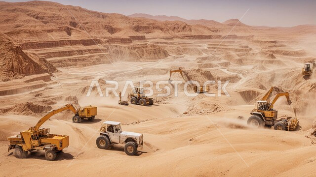 الالات والمعدات الضخمة والجرافات الكبيرة تقوم بالعمل في موقع التعدين، التخلص من الأتربة والصخور ونقلها بعيدا, مناطق التنقيب عن الثروات الباطنية، الطبيعة الصخرية وتضاريس السلاسل الجبلية، المرتفعات وقمم الجبال في المملكة العربية السعودية