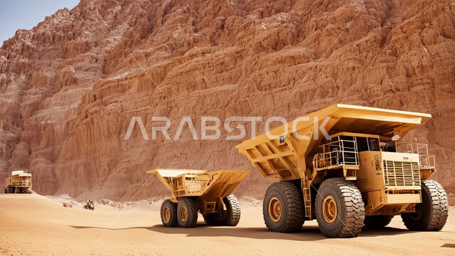 الالات والمعدات الضخمة والجرافات الكبيرة تقوم بالعمل في موقع التعدين، التخلص من الأتربة والصخور ونقلها بعيدا, مناطق التنقيب عن الثروات الباطنية، الطبيعة الصخرية وتضاريس السلاسل الجبلية، المرتفعات وقمم الجبال في المملكة العربية السعودية