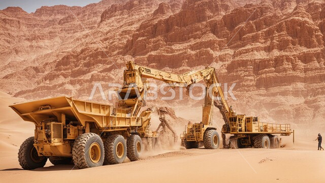 Huge machinery, equipment and large bulldozers work at the mining site, removing dirt and rocks and transporting them away, areas for prospecting for underground resources, rocky nature and terrain of mountain ranges, highlands and mountain peaks in the Kingdom of Saudi Arabia
