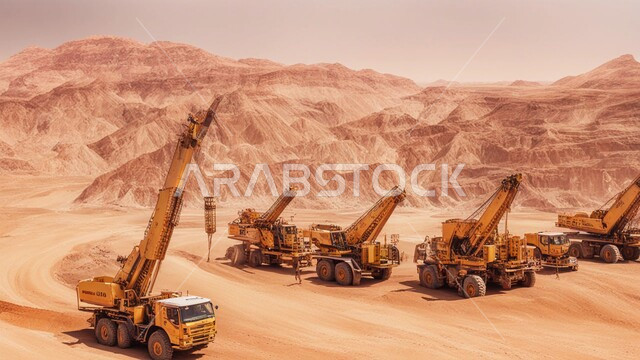 الالات والمعدات الضخمة والجرافات الكبيرة تقوم بالعمل في موقع التعدين، التخلص من الأتربة والصخور ونقلها بعيدا, مناطق التنقيب عن الثروات الباطنية، الطبيعة الصخرية وتضاريس السلاسل الجبلية، المرتفعات وقمم الجبال في المملكة العربية السعودية
