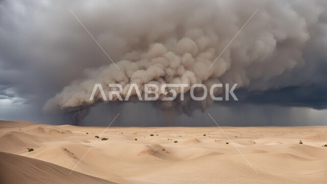 غبار العاصفة الرملية في الصحراء, رياح ترابية في المناطق الصحراوية, الكثبان والرمال الذهبية الناعمة، التشكيلات والتكوينات الرملية في المملكة العربية السعودية, منظر السماء الممتلئة بالغيوم الداكنة، الزوابع الغبارية القوية
