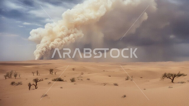 رياح ترابية في المناطق الصحراوية, الكثبان والرمال الذهبية الناعمة، التشكيلات والتكوينات الرملية في المملكة العربية السعودية, منظر الإعصار الهوائي في الصحراء، الزوابع الغبارية القوية