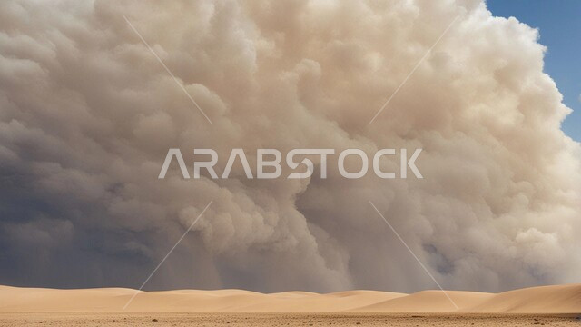Dust winds in desert areas, dunes and soft golden sand, sand formations and formations in Saudi Arabia, tornado view in desert, strong dust storms