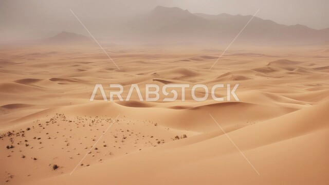 العواصف و الجو الجاف والقاسي في الأراضي القاحلة، الكثبان والرمال الذهبية الناعمة في صحراء المملكة العربية السعودية, البيئة الرملية في وقت النهار، الهضاب والتلال في المناطق الطبيعية الصحراوية، خلفية الطبيعه
