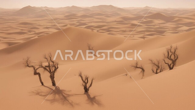 التضاريس و المرتفعات والقمم في البراري، التكوينات والتشكلات الرملية في صحراء المملكة العربية السعودية,  مناطق البادية والبيئة الصحراوية في النهار, الكثبان والتلال من الرمال الناعمة الذهبية