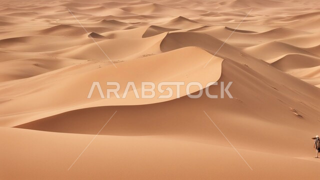 التضاريس و المرتفعات والقمم في البراري، التكوينات والتشكلات الرملية في صحراء المملكة العربية السعودية,  مناطق البادية والبيئة الصحراوية في النهار, الكثبان والتلال من الرمال الناعمة الذهبية