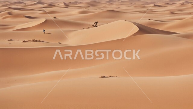 التضاريس و المرتفعات والقمم في البراري، التكوينات والتشكلات الرملية في صحراء المملكة العربية السعودية,  مناطق البادية والبيئة الصحراوية في النهار, الكثبان والتلال من الرمال الناعمة الذهبية