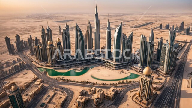 منظر تخيلي للتقدم والنمو العمراني، المباني والمنشآت التجارية الشاهقة، بناء مستقبل حضاري متطور في دبي، مفهوم تطوير وتحسين البنية التحتية، التصاميم والفنون المعمارية الحديثة للأبراج وناطحات السحاب في الامارات العربية المتحدة