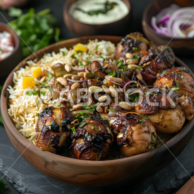 طبق من أرز البرياني وقطع الدجاج المحمرة والمطهية جيداً ، أرز الكبسة مع الخضراوات والتوابل ,أطباق و ماكولات عربية تقليدية ,وصفات الطعام الصحية الشهية ,فنون تقديم الأطعمة الشرقية اللذيذة، أنواع متعددة من الصوصات والمقبلات