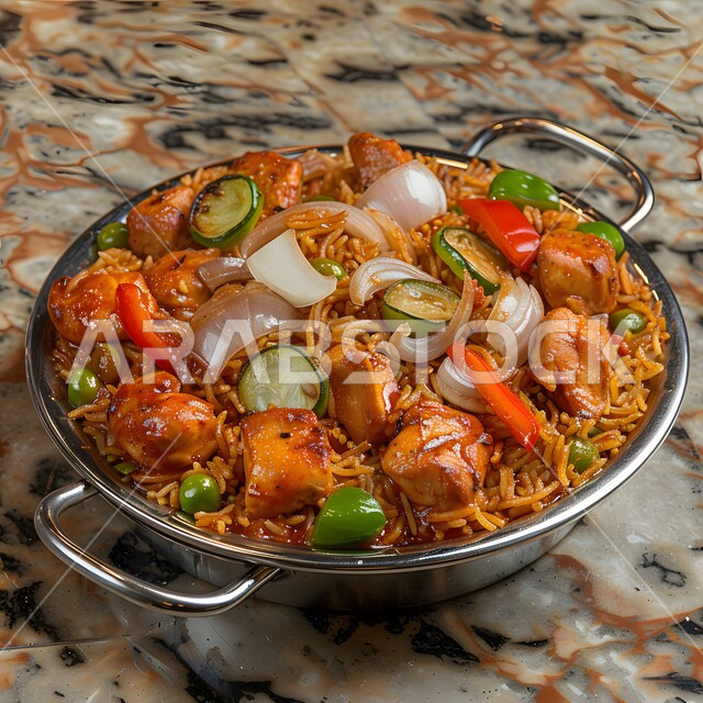 طبق من أرز البرياني وقطع الدجاج المحمرة والمطهية جيداً ، أرز الكبسة مع الخضراوات والتوابل ,أطباق و ماكولات عربية تقليدية ,وصفات الطعام الصحية الشهية ,فنون تقديم الأطعمة الشرقية اللذيذة، أنواع متعددة من الصوصات والمقبلات
