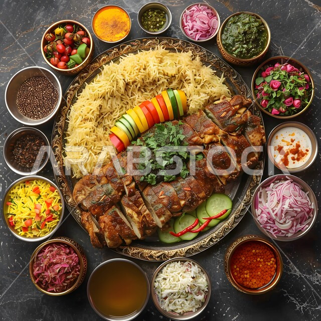 طبق من أرز البرياني وقطع الدجاج المحمرة والمطهية جيداً ، أرز الكبسة مع الخضراوات والتوابل ,أطباق و ماكولات عربية تقليدية ,وصفات الطعام الصحية الشهية ,فنون تقديم الأطعمة الشرقية اللذيذة، أنواع متعددة من الصوصات والمقبلات