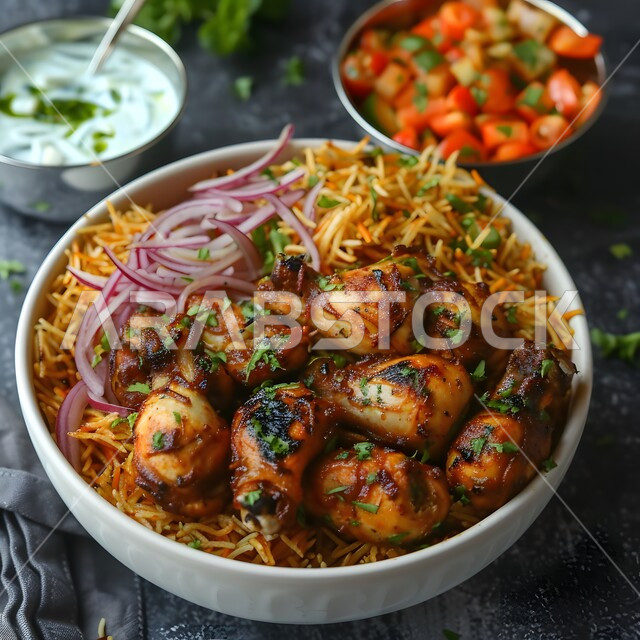 طبق من أرز البرياني وقطع الدجاج المحمرة والمطهية جيداً ، أرز الكبسة مع الخضراوات والتوابل ,أطباق و ماكولات عربية تقليدية ,وصفات الطعام الصحية الشهية ,فنون تقديم الأطعمة الشرقية اللذيذة، أنواع متعددة من الصوصات والمقبلات