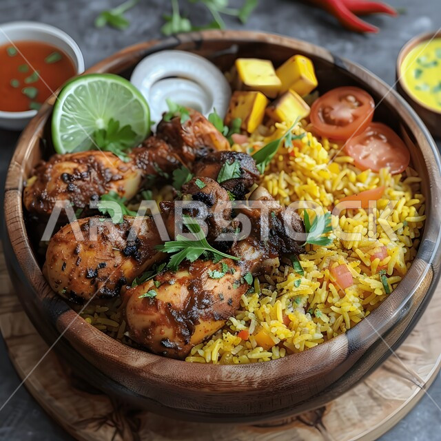 طبق من أرز البرياني وقطع الدجاج المحمرة والمطهية جيداً ، أرز الكبسة مع الخضراوات والتوابل ,أطباق و ماكولات عربية تقليدية ,وصفات الطعام الصحية الشهية ,فنون تقديم الأطعمة الشرقية اللذيذة، أنواع متعددة من الصوصات والمقبلات