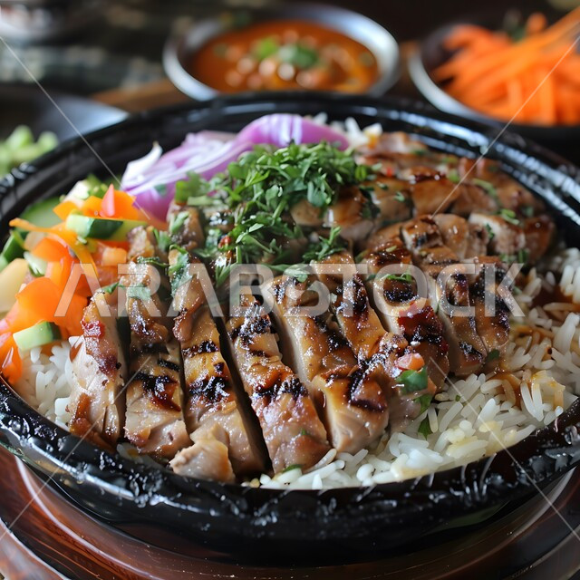 طبق من أرز البرياني وقطع الدجاج المحمرة والمطهية جيداً ، أرز الكبسة مع الخضراوات والتوابل ,أطباق و ماكولات عربية تقليدية ,وصفات الطعام الصحية الشهية ,فنون تقديم الأطعمة الشرقية اللذيذة، أنواع متعددة من الصوصات والمقبلات