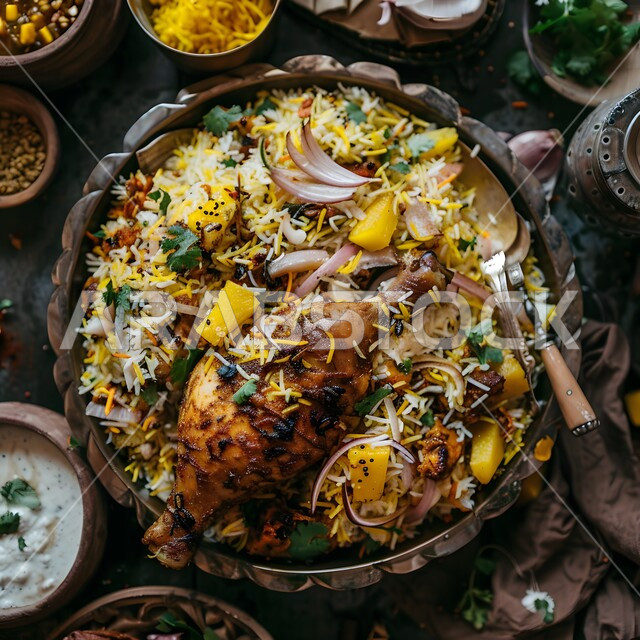 طبق من أرز البرياني وقطع الدجاج المحمرة والمطهية جيداً ، أرز الكبسة مع الخضراوات والتوابل ,أطباق و ماكولات عربية تقليدية ,وصفات الطعام الصحية الشهية ,فنون تقديم الأطعمة الشرقية اللذيذة، أنواع متعددة من الصوصات والمقبلات