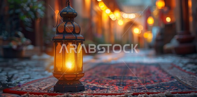 Decorative illuminated metal lantern, spiritual atmosphere in holy days, decorations and lights for celebrations of Islamic religious occasions and holidays, joy at the arrival of the blessed month of Ramadan, traditional Arabic lights and lamps, preparation for welcoming the holy month