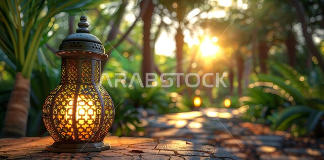 Decorative illuminated metal lantern, spiritual atmosphere in holy days, decorations and lights for celebrations of Islamic religious occasions and holidays, joy at the arrival of the blessed month of Ramadan, traditional Arabic lights and lamps, preparation for welcoming the holy month
