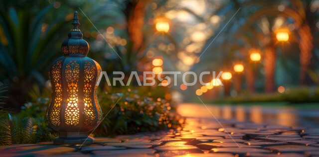 Decorative illuminated metal lantern, spiritual atmosphere in holy days, decorations and lights for celebrations of Islamic religious occasions and holidays, joy at the arrival of the blessed month of Ramadan, traditional Arabic lights and lamps, preparation for welcoming the holy month