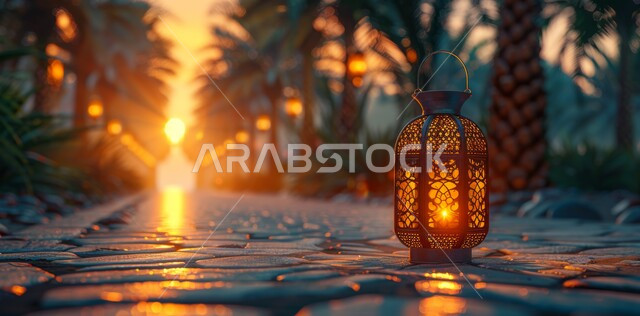Decorative illuminated metal lantern, spiritual atmosphere in holy days, decorations and lights for celebrations of Islamic religious occasions and holidays, joy at the arrival of the blessed month of Ramadan, traditional Arabic lights and lamps, preparation for welcoming the holy month