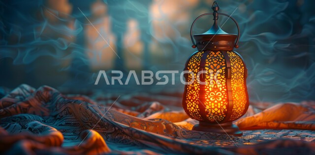 Decorative illuminated metal lantern, spiritual atmosphere in holy days, decorations and lights for celebrations of Islamic religious occasions and holidays, joy at the arrival of the blessed month of Ramadan, traditional Arabic lights and lamps, preparation for welcoming the holy month