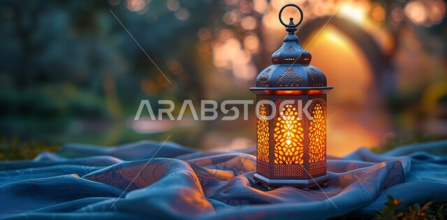 Decorative illuminated metal lantern, spiritual atmosphere in holy days, decorations and lights for celebrations of Islamic religious occasions and holidays, joy at the arrival of the blessed month of Ramadan, traditional Arabic lights and lamps, preparation for welcoming the holy month