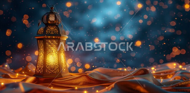 Decorative illuminated metal lantern, spiritual atmosphere in holy days, decorations and lights for celebrations of Islamic religious occasions and holidays, joy at the arrival of the blessed month of Ramadan, traditional Arabic lights and lamps, preparation for welcoming the holy month