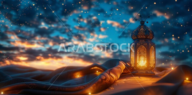 Decorative illuminated metal lantern, spiritual atmosphere in holy days, decorations and lights for celebrations of Islamic religious occasions and holidays, joy at the arrival of the blessed month of Ramadan, traditional Arabic lights and lamps, preparation for welcoming the holy month