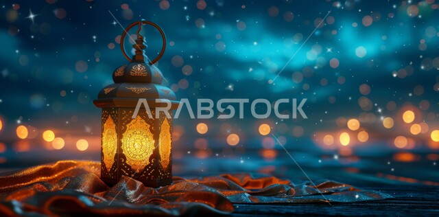 Decorative illuminated metal lantern, spiritual atmosphere in holy days, decorations and lights for celebrations of Islamic religious occasions and holidays, joy at the arrival of the blessed month of Ramadan, traditional Arabic lights and lamps, preparation for welcoming the holy month