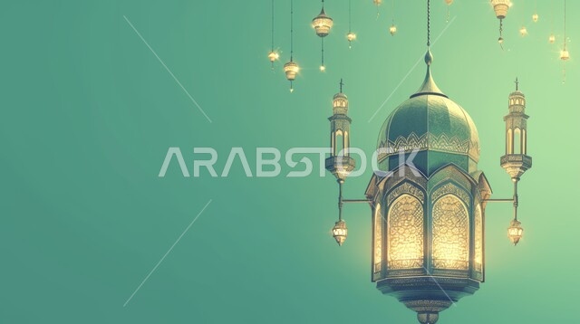 تحف واكسسوارت متميزة، البهجة بقدوم شهر الخير، ديكورات وزينة رمضان المبارك, الأجواء الروحانية والاحتفال بالمناسبات والأعياد الدينية الاسلامية، صورة مقربة لفانوس معلق معدني تقليدي مضيء، خلفية ملونة