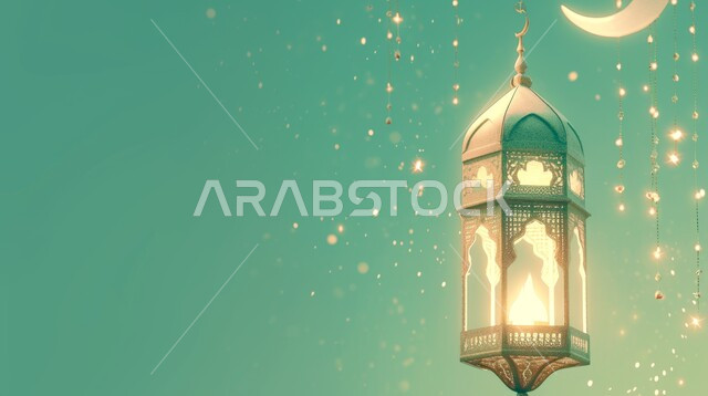 Distinctive antiques and accessories, the joy of the coming of the month of goodness, Ramadan decorations and ornaments, the spiritual atmosphere and celebration of Islamic religious occasions and holidays, a close-up of a traditional illuminated metal hanging lantern, a colorful background