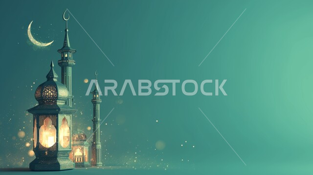 تحف واكسسوارت متميزة، البهجة بقدوم شهر الخير، ديكورات وزينة رمضان المبارك, الأجواء الروحانية والاحتفال بالمناسبات والأعياد الدينية الاسلامية، صورة مقربة لفانوس معلق معدني تقليدي مضيء، خلفية ملونة